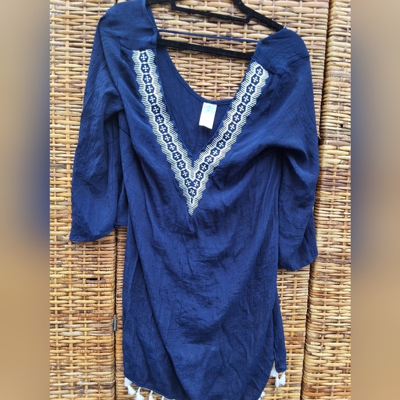 Kona Sol Deep Blue Gauzy Tunic with Elegant Embroidy Swim Cover Up M - Picture 2 of 14